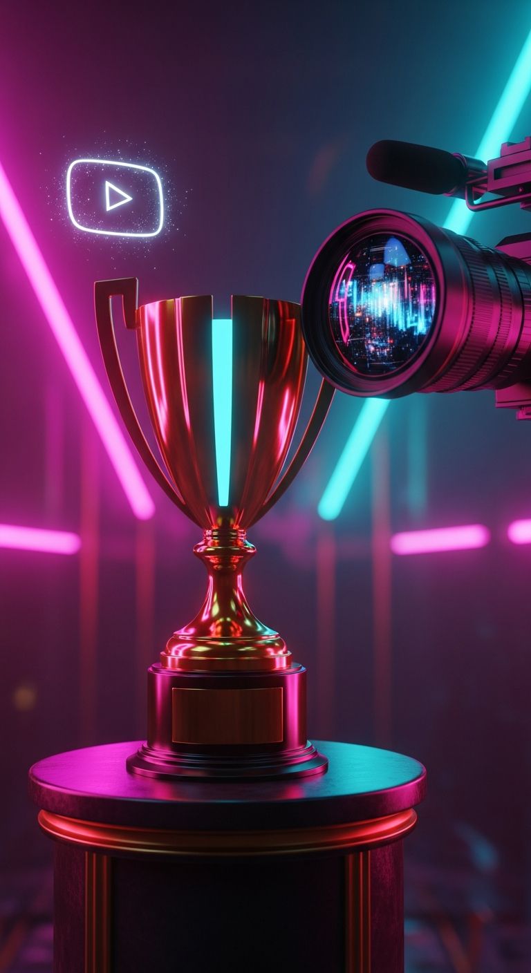 AI_IMAGE: A golden trophy with glowing neon accents sitting on a dark podium, a video camera lens reflecting AI-generated visuals, YouTube play button icon floating as a holographic overlay, cinematic award concept with magenta and cyan neon lighting effects, dark luxurious atmosphere | digital-art | portrait