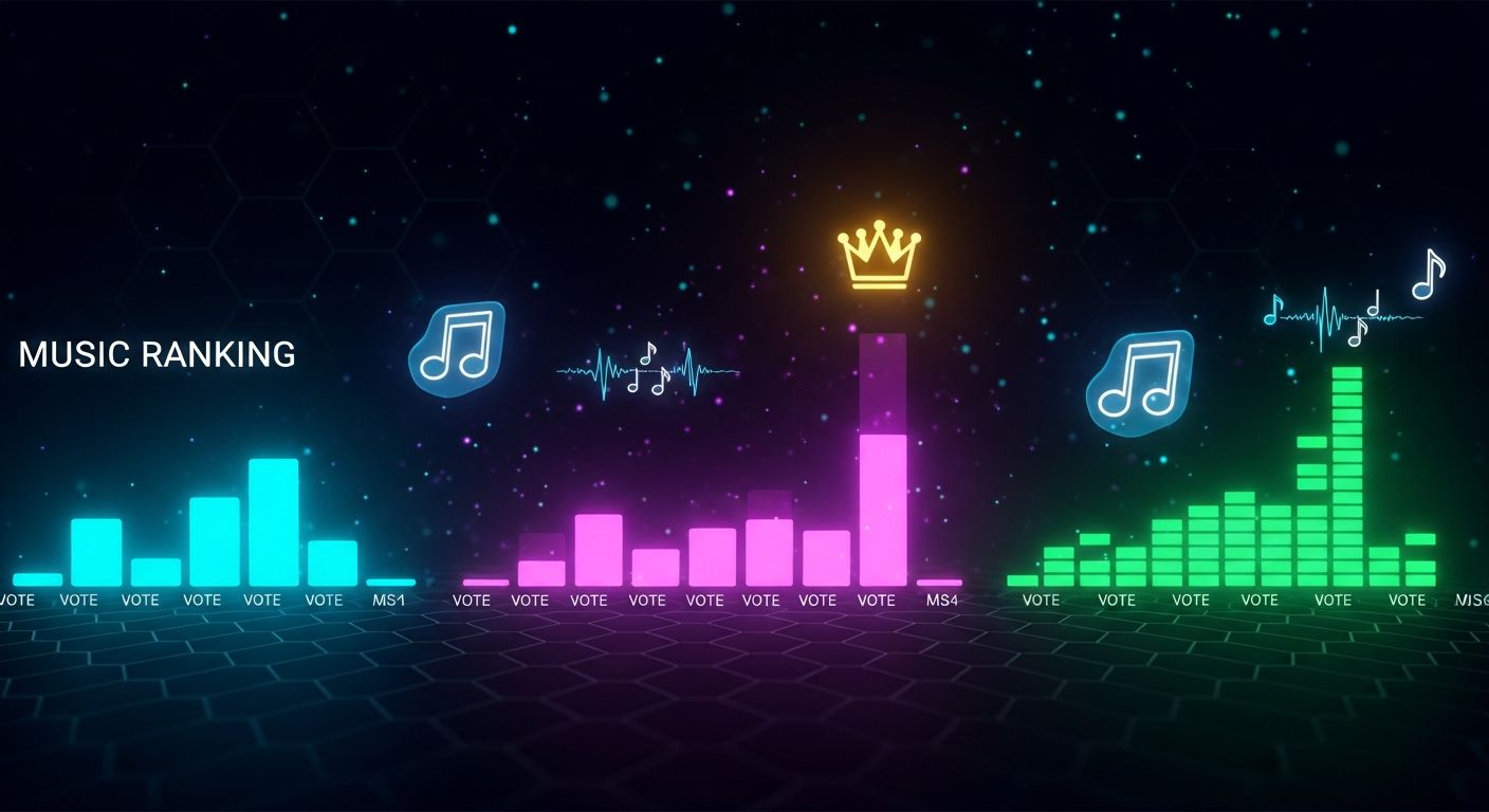 AI_IMAGE: Panoramic view of a futuristic music ranking dashboard with glowing neon bars representing vote counts for different songs, each bar in a different neon color cyan magenta purple and green, floating holographic music note icons and equalizer animations, a golden crown icon above the leading track, dark void background with subtle hexagonal grid pattern and particle effects, cyberpunk music competition visualization | digital-art | landscape