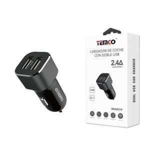 Carregador de carro duplo USB 2.4A em preto.