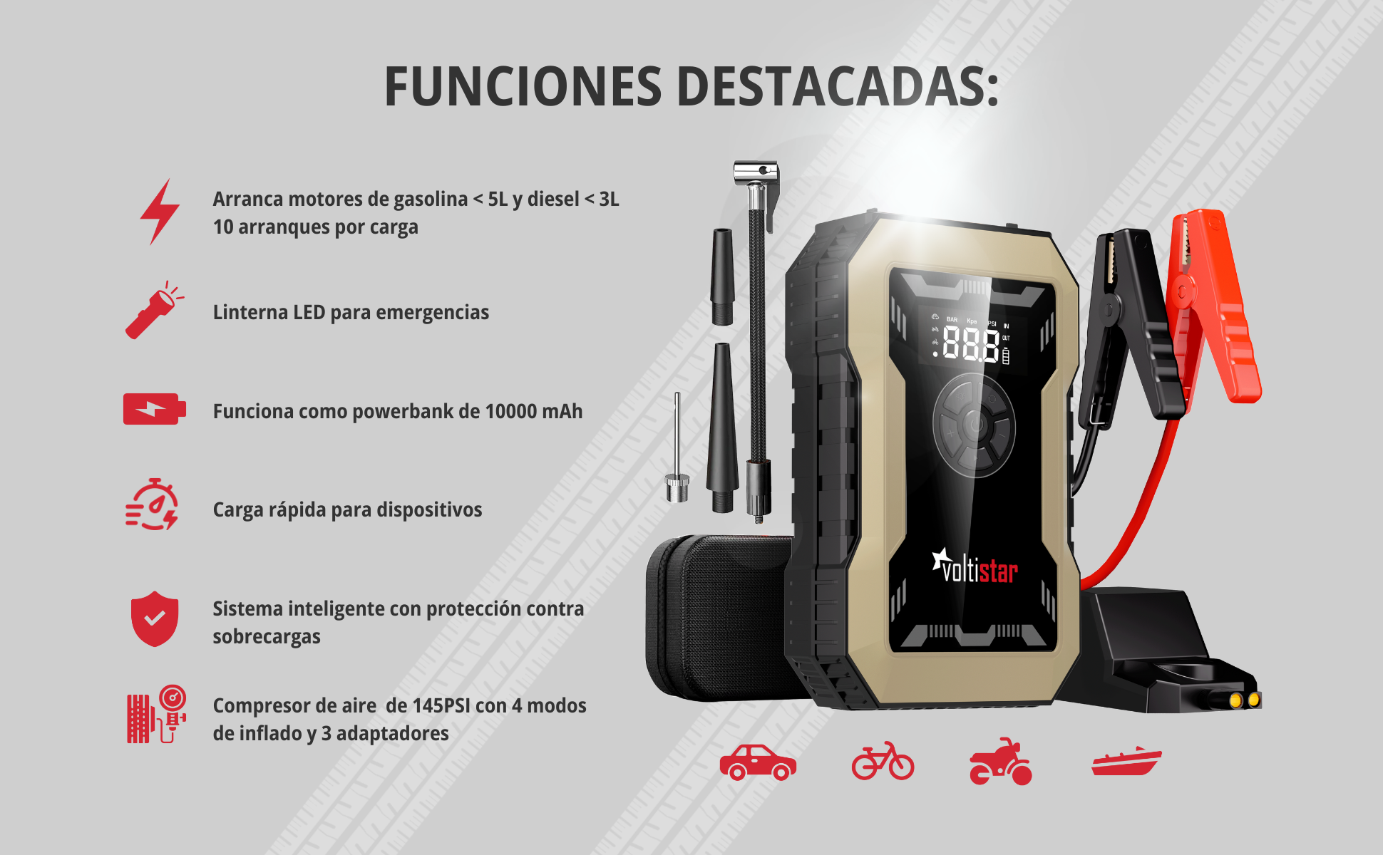 Compressor de ar inteligente de 10000mAh com bateria auxiliar para até 5L de gasolina e 3L de gasóleo - Image 5