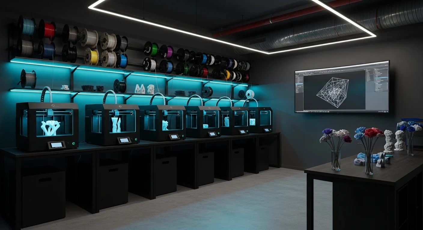 AI_IMAGE: Interior of a professional 3D printing laboratory with six industrial printers arranged on sleek black workbenches all actively printing different objects, cyan LED strip lighting running along the ceiling and under shelves, filament spools in various colors on wall-mounted racks, a large curved monitor showing slicing software with a wireframe model, handmade satin flowers visible on a side artisan table, clean industrial aesthetic with concrete floor and dark walls, volumetric lighting creating depth | digital-art | landscape
