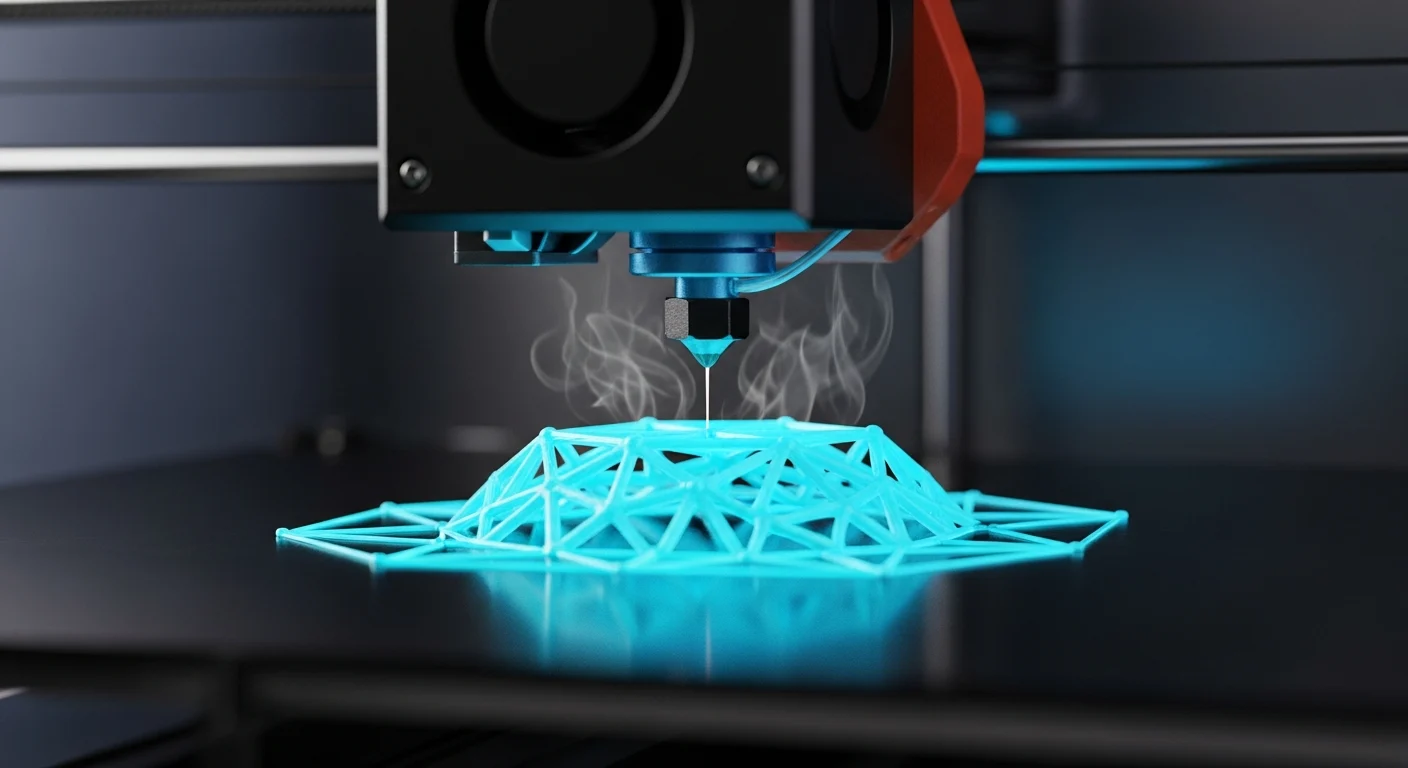 AI_IMAGE: Close-up of a professional 3D printer extruding glowing cyan filament creating a complex geometric shape layer by layer, neon blue reflections on the dark print bed, heated nozzle surrounded by wisps of rising heat, precision engineering atmosphere with dark moody background | digital-art | landscape