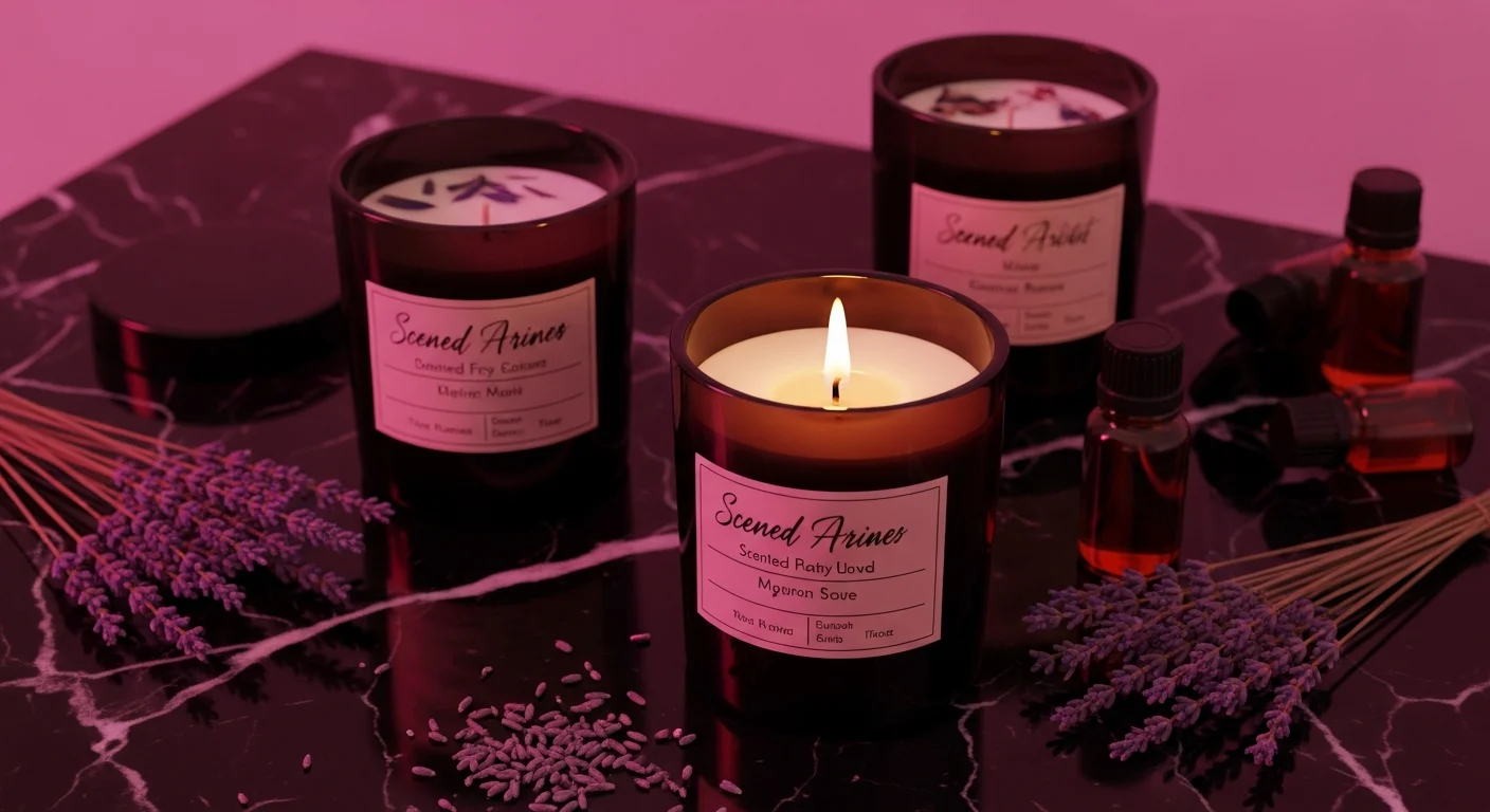 AI_IMAGE: Artisan scented candles in elegant dark glass containers with handwritten labels on a black marble surface, one candle lit with warm flickering flame, dried lavender and essential oil bottles nearby, warm magenta ambient lighting | digital-art | landscape