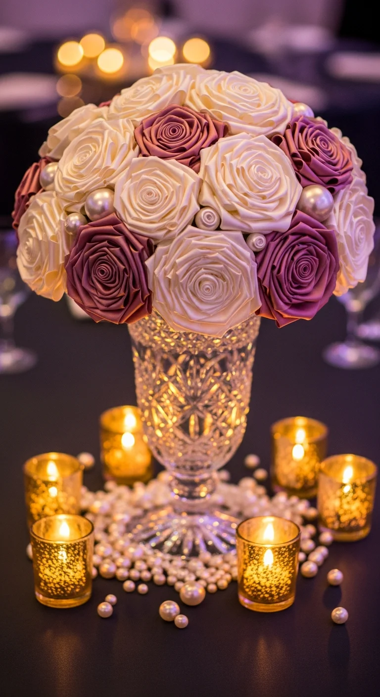 AI_IMAGE: Beautiful satin flower centerpiece arrangement for a wedding table featuring cream and dusty rose satin flowers in a crystal vase surrounded by tea light candles and pearl scatter on a dark tablecloth warm amber and soft purple ambient lighting creating an intimate elegant atmosphere event decoration photography | photorealistic | portrait