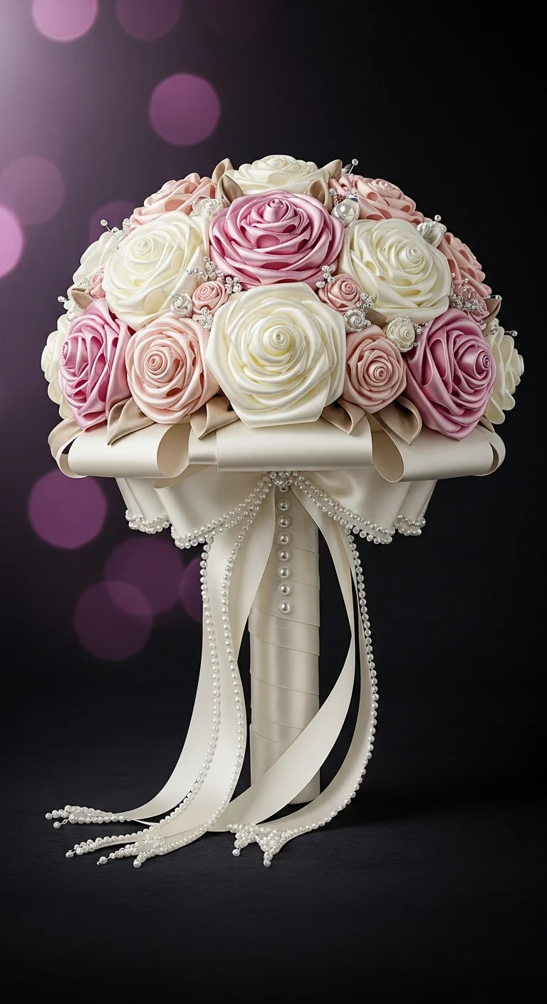 AI_IMAGE: Elegant bridal bouquet made entirely of handmade satin roses in ivory blush and soft peach tones wrapped with a pearl-studded ribbon handle photographed against a dark background with soft pink and lavender bokeh romantic bridal photography with ethereal lighting showing the luxurious texture of each silk petal | photorealistic | portrait