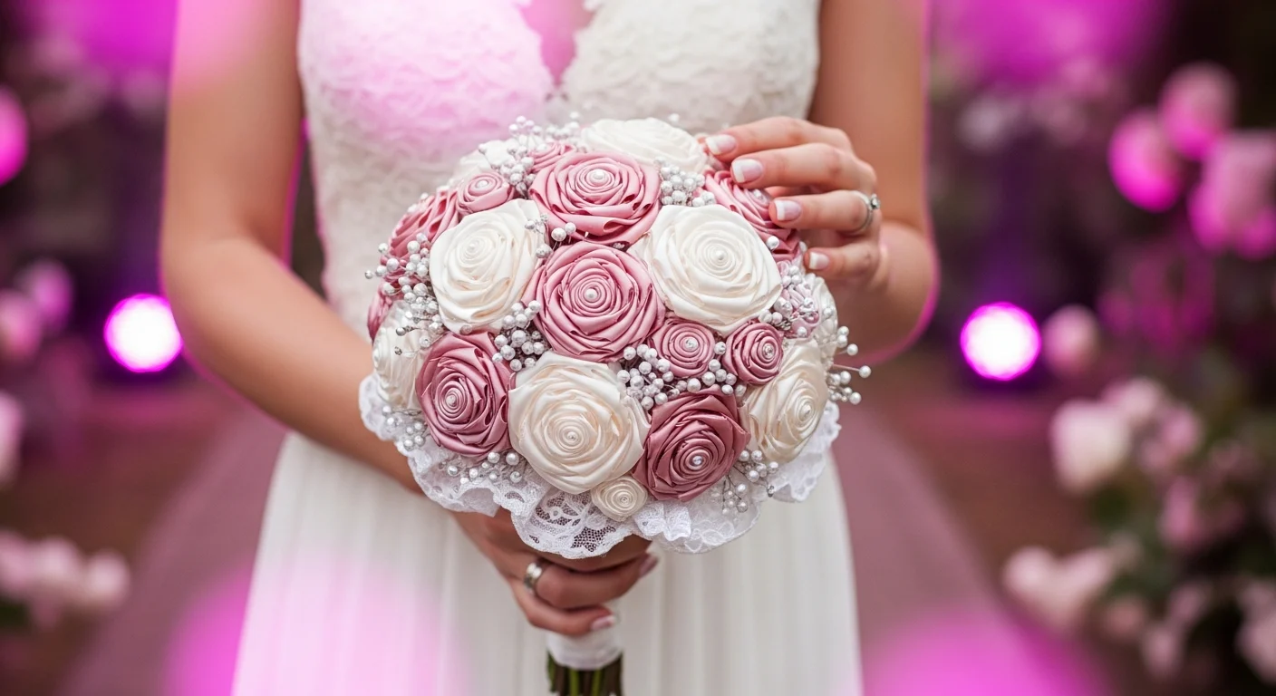 AI_IMAGE: Elegant bridal bouquet made of handmade satin roses in blush pink and ivory tones with pearl accents, held by a bride in a romantic garden setting with soft magenta bokeh lighting, wedding photography with ethereal atmosphere | photorealistic | landscape