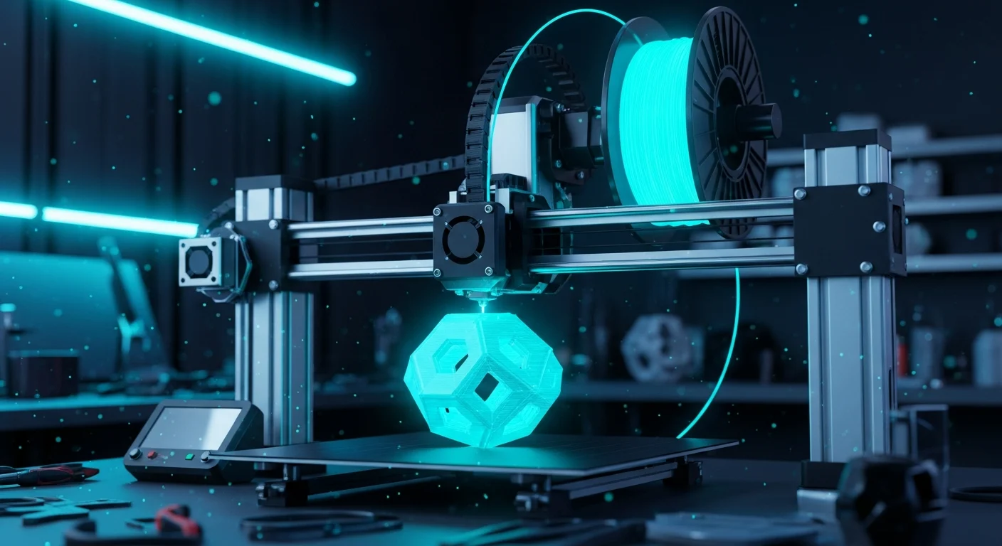 AI_IMAGE: Professional 3D printer creating a complex geometric object layer by layer with glowing cyan filament, dark workshop environment with neon blue reflections, educational technology concept showing the printing process in detail | digital-art | landscape