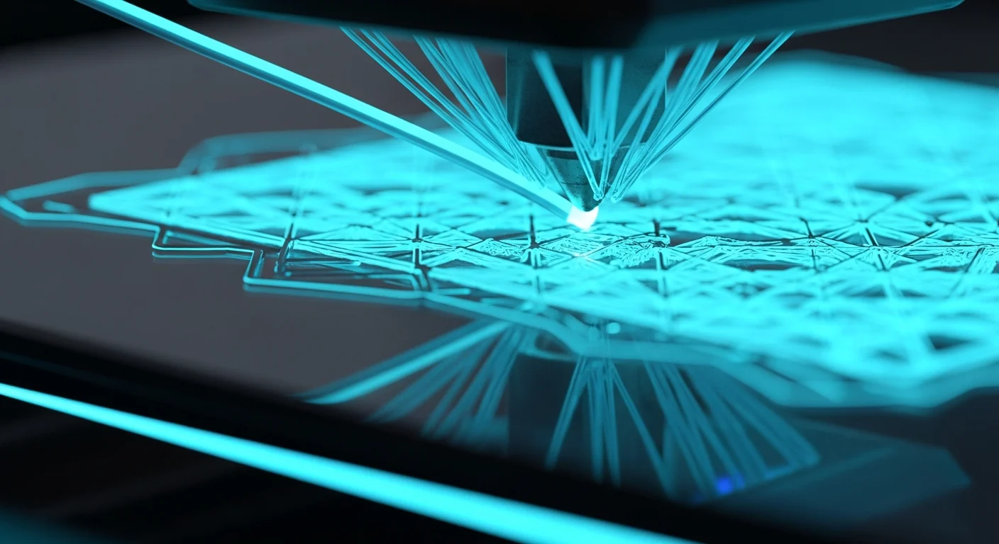 AI_IMAGE: Close-up of a 3D printer nozzle depositing glowing cyan filament layer by layer creating a complex geometric shape, dark background with neon blue reflections on the print bed | digital-art | landscape