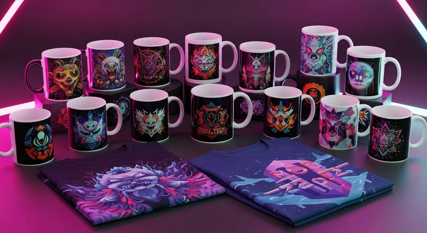 AI_IMAGE: Custom printed mugs and t-shirts with vibrant colorful designs arranged on a dark surface, magenta and pink neon accent lighting, sublimation products photography | digital-art | landscape