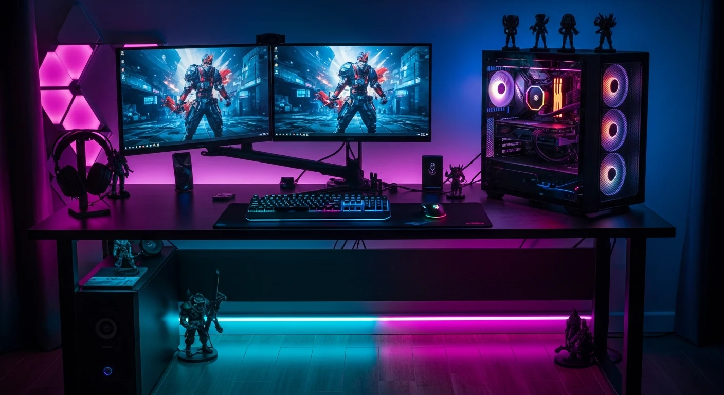AI_IMAGE: Epic gaming PC setup with three monitors showing gameplay, RGB-lit custom built tower with tempered glass panel revealing high-end components, mechanical keyboard and gaming mouse on a wide dark desk, neon cyan and magenta LED strips under the desk reflecting off polished surface, professional gaming station with headset stand and collectible figurines, dark room with dramatic volumetric lighting | photorealistic | landscape