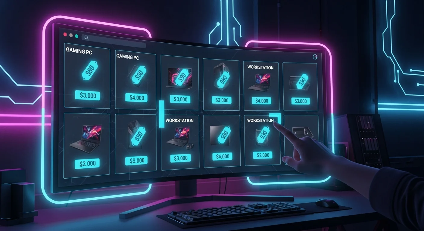 AI_IMAGE: A futuristic digital storefront interface displayed on a large curved monitor, showing a grid of gaming PCs laptops and workstations as product cards with glowing cyan price tags, a hand reaching toward the screen to select a product, the monitor surrounded by a holographic border with neon magenta and cyan accent lighting, dark cyberpunk workspace with subtle circuit board patterns on the wall behind, online tech catalog shopping experience concept | digital-art | landscape