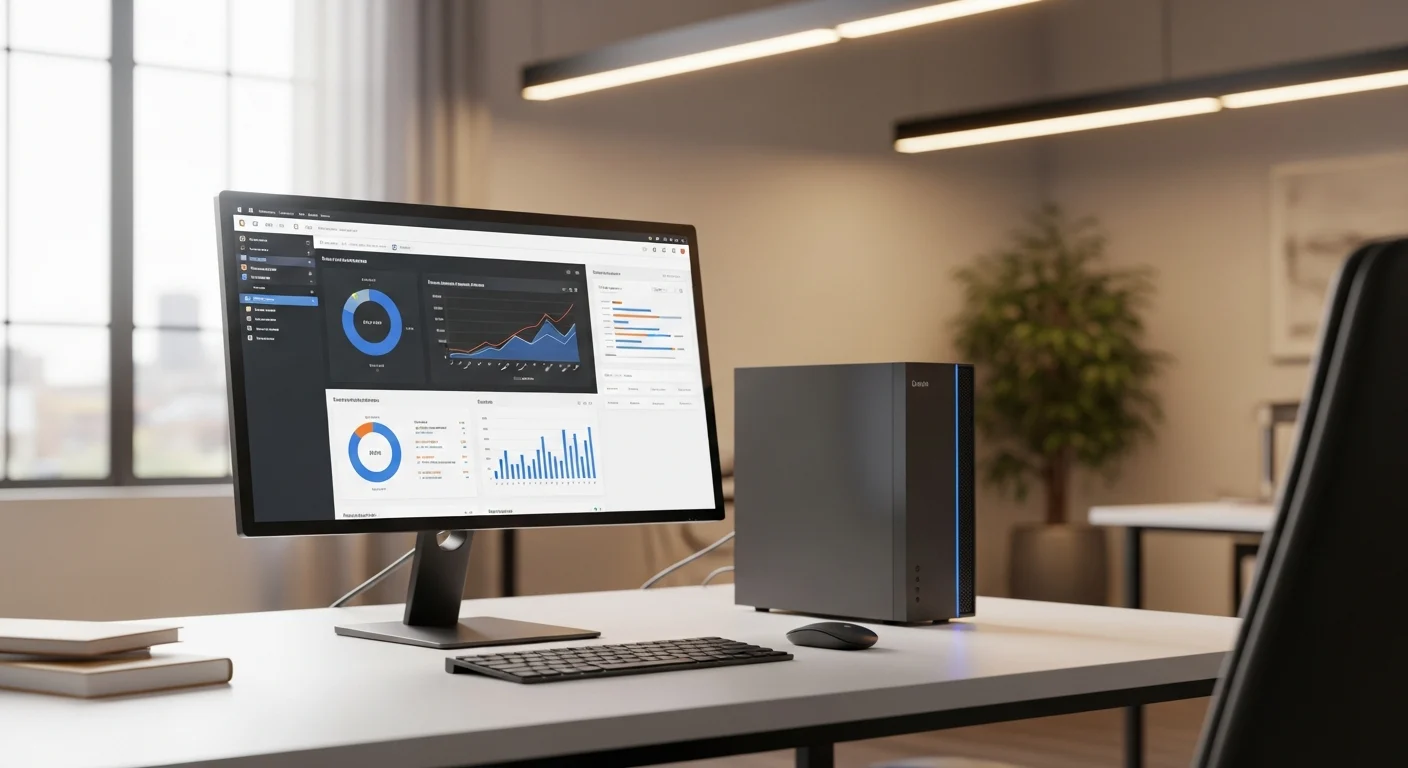 AI_IMAGE: Clean modern office desktop computer setup with a slim tower, 27-inch monitor showing productivity software, wireless keyboard and mouse on a minimalist white desk, professional office environment with natural daylight and subtle warm lighting, business productivity concept | photorealistic | landscape