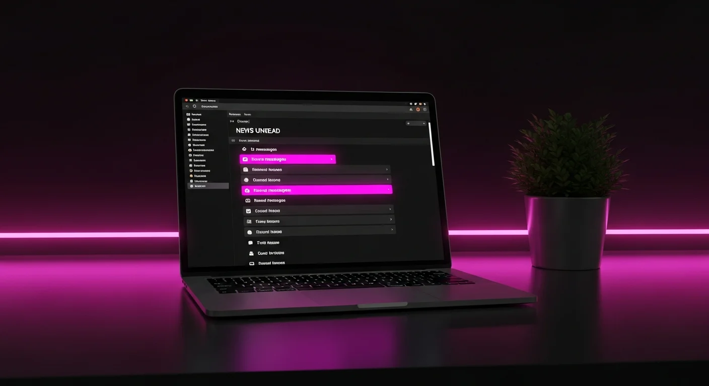 AI_IMAGE: Laptop screen showing an email inbox with new messages highlighted, the laptop on a minimalist dark desk with a small potted plant beside it, warm magenta neon accent lighting from a desk LED strip, professional email communication concept with dark aesthetic | digital-art | landscape