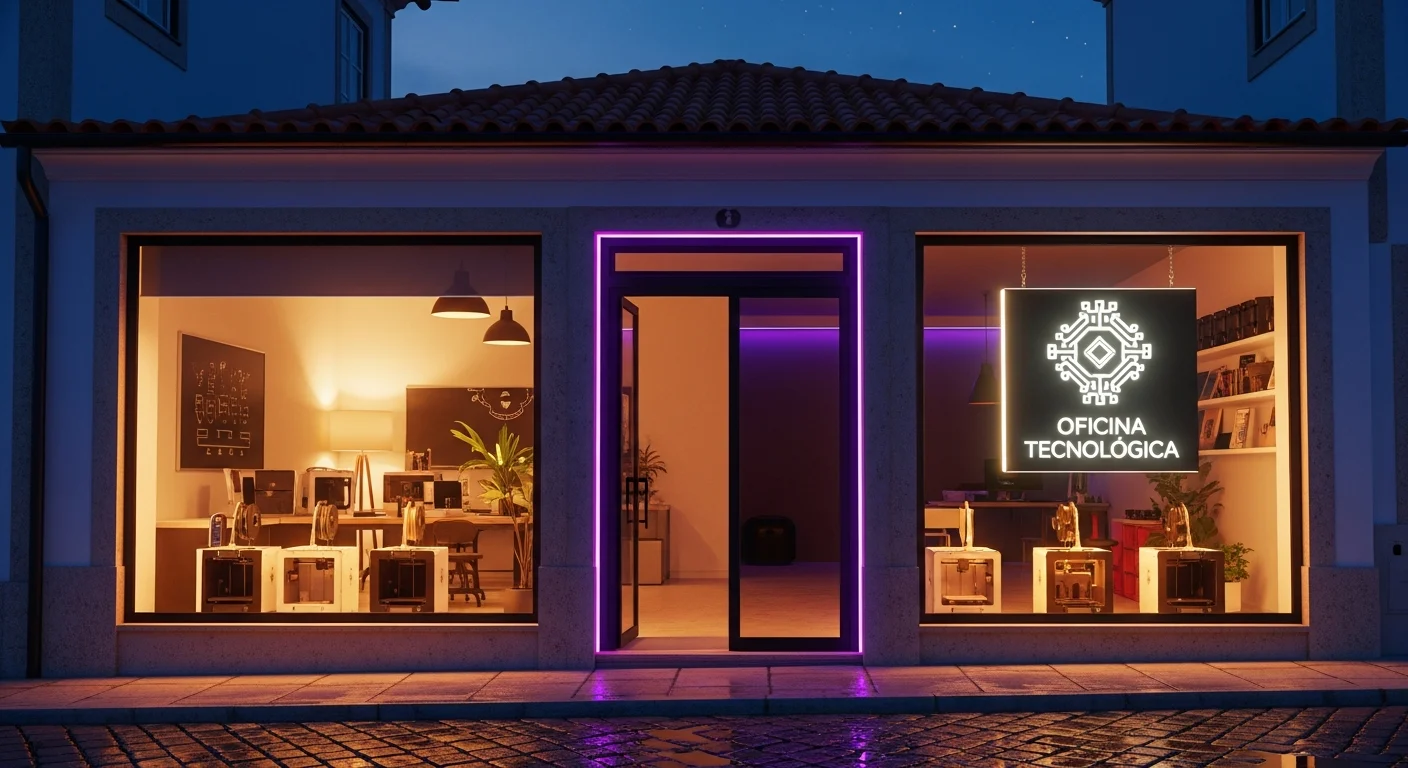 AI_IMAGE: Exterior view of a small Portuguese tech workshop storefront at dusk with a glowing sign visible through the window, 3D printers visible inside through the glass door, warm welcoming light spilling onto the cobblestone street, subtle purple neon accent lighting framing the entrance, inviting local business atmosphere | digital-art | landscape