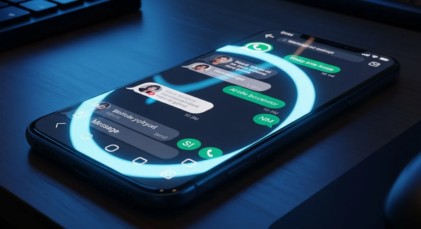 AI_IMAGE: Smartphone showing WhatsApp conversation on screen resting on a dark desk, glowing cyan neon ring light reflecting on the phone surface, professional communication setup, dark moody environment with blue accent lighting | digital-art | landscape