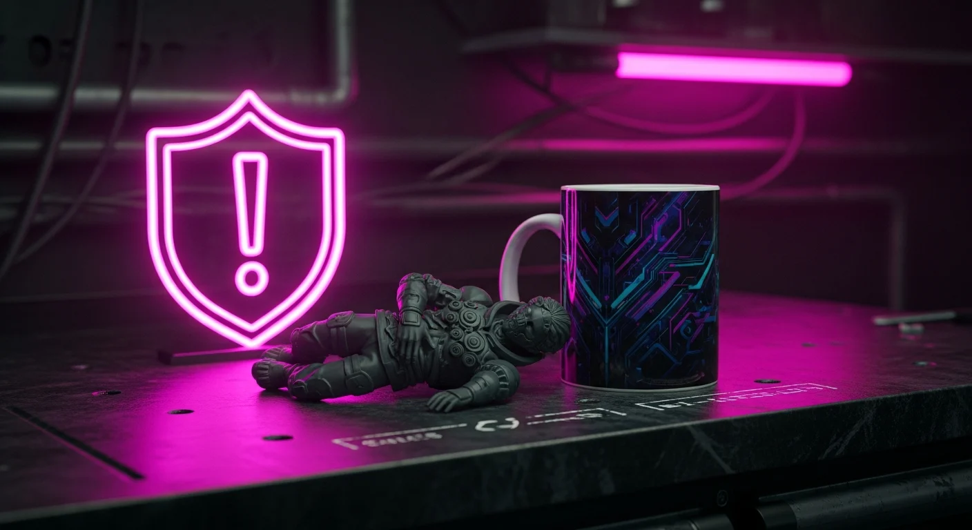 AI_IMAGE: A custom 3D printed figurine and a sublimation printed mug with a unique design on a dark workbench, a warning shield icon with exclamation mark glowing in magenta neon beside them, personalized products non-returnable concept with dark cyberpunk aesthetic and pink accent lighting | digital-art | landscape