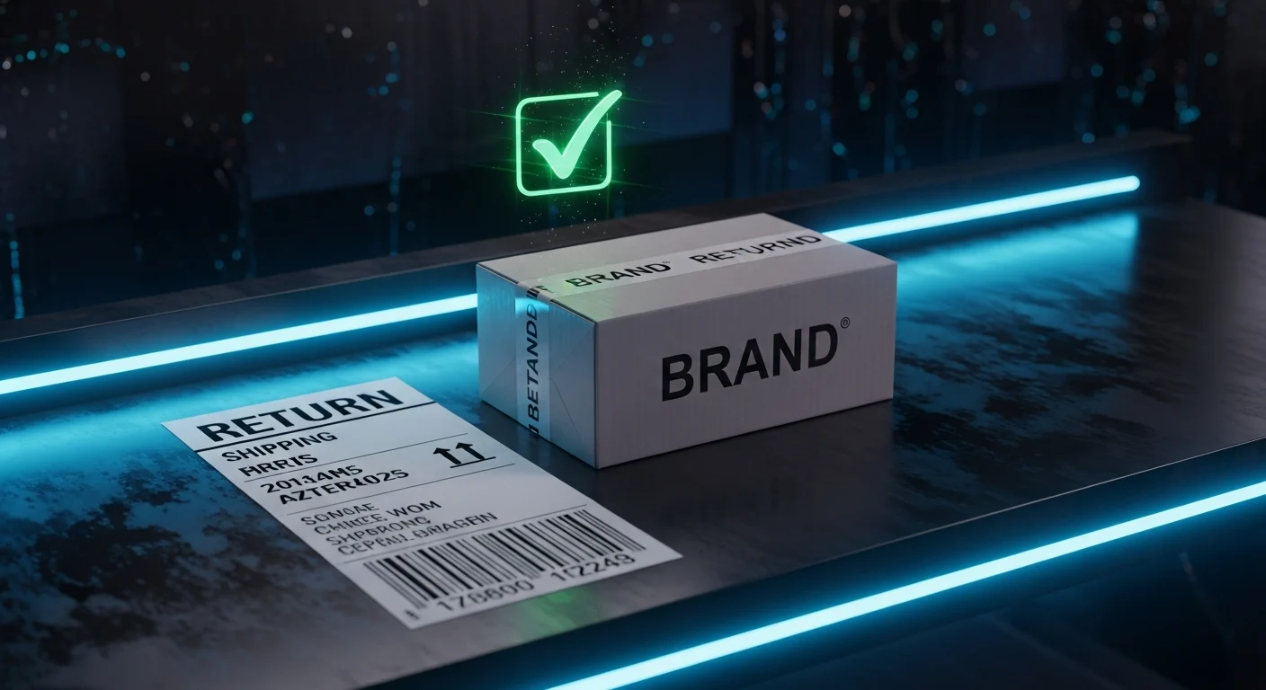 AI_IMAGE: A neatly packaged product in a branded box with a return shipping label beside it on a dark desk, a green checkmark hologram floating above indicating eligibility for return, cyan neon accent lighting from desk LED strip, e-commerce returns and refund concept with dark cyberpunk aesthetic | digital-art | landscape