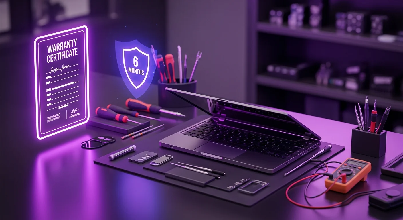 AI_IMAGE: A laptop being repaired on a professional workstation with a warranty certificate glowing in purple neon beside it, tools organized on the dark anti-static mat, a shield icon with 6 months text floating as a hologram, electronics repair warranty concept with purple accent lighting | digital-art | landscape