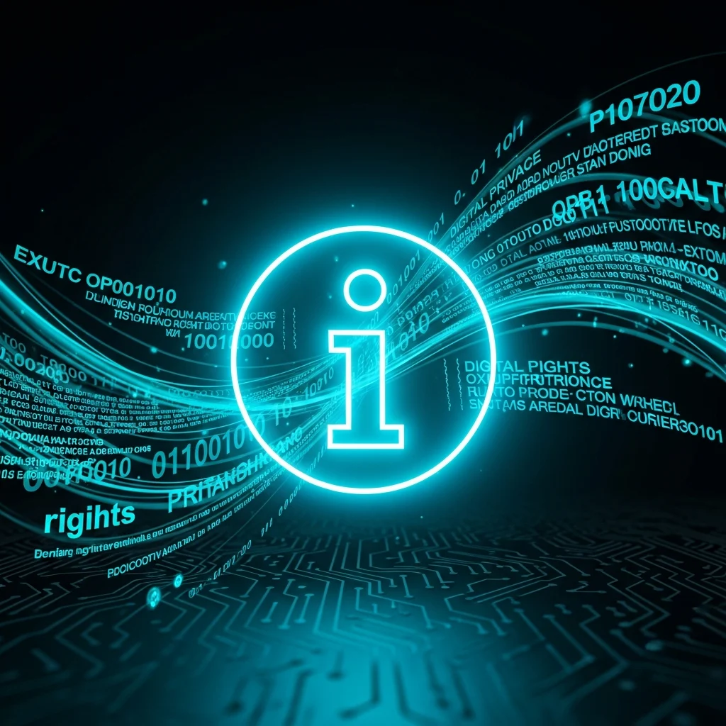 AI_IMAGE: Glowing information icon with letter i inside a circle, surrounded by floating data streams and text fragments, cyan neon light emanating from the symbol, dark minimal background with subtle circuit pattern, digital rights concept | digital-art | square