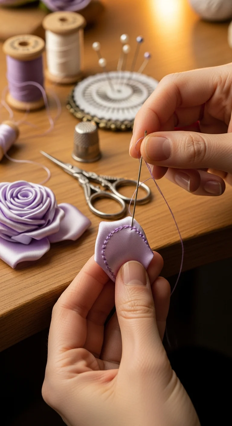 AI_IMAGE: Close-up of hands carefully stitching a satin rose petal, showing the intricate craftsmanship process, delicate sewing tools and thread nearby, soft purple and warm ambient lighting creating intimate artisan workshop atmosphere, handmade craft photography with shallow depth of field | photorealistic | portrait