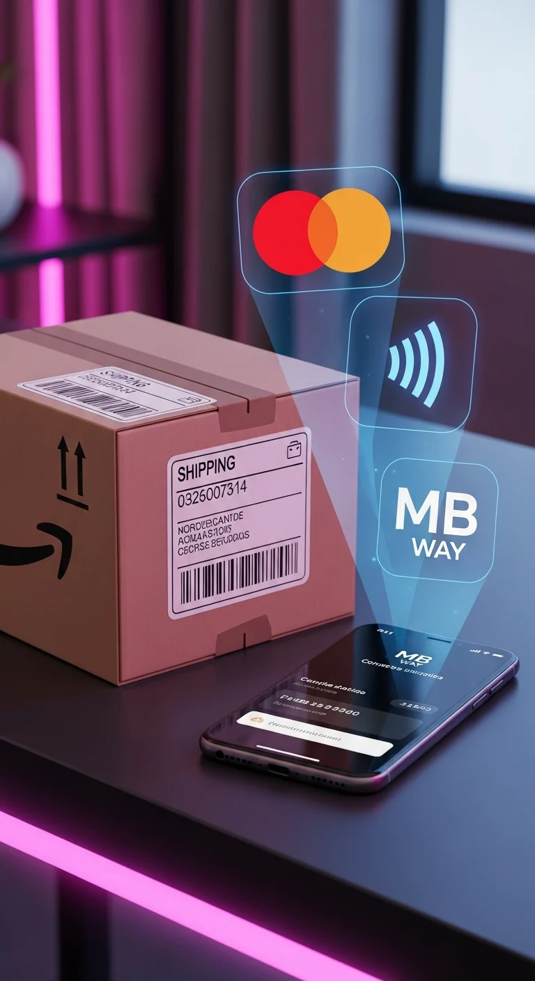 AI_IMAGE: Packaged product in a branded shipping box with a tracking label visible, next to a smartphone showing MB WAY payment confirmation, Mastercard and contactless payment symbols floating as holographic icons, dark desk surface with magenta and pink neon accent lighting, e-commerce shipping and payment concept | digital-art | portrait