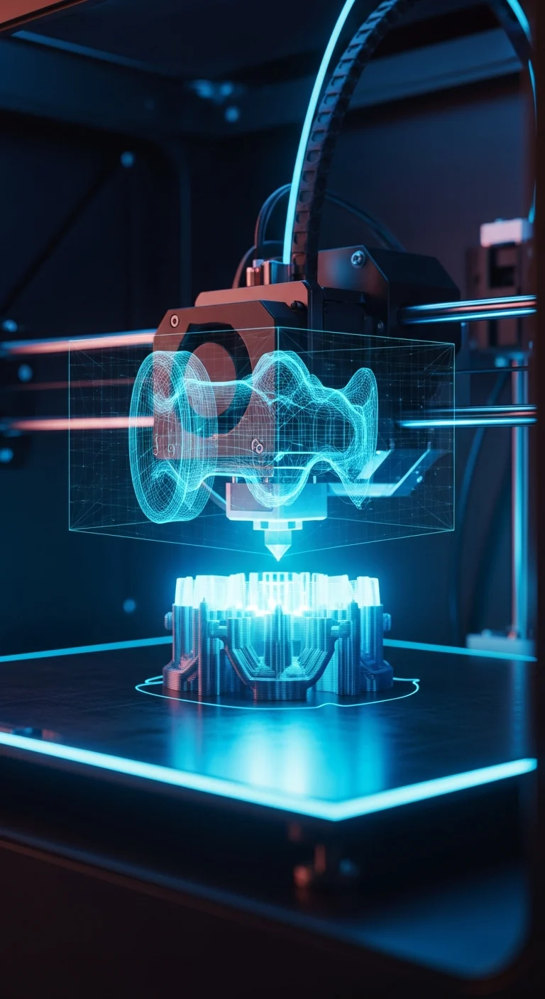 AI_IMAGE: Close-up of a 3D printer creating a detailed object with glowing cyan filament, the nozzle depositing precise layers, dark workshop environment with neon blue reflections on the print bed, holographic wireframe overlay showing the digital model, futuristic manufacturing concept | digital-art | portrait