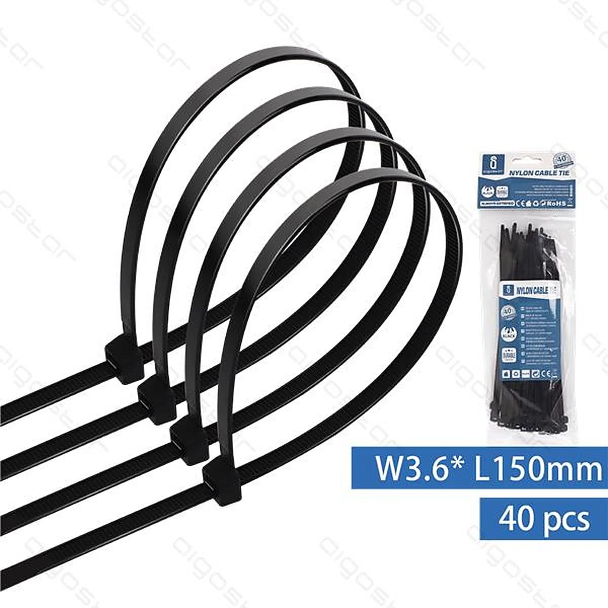 Abraçadeiras de Nylon 150 x 3.6mm Aigostar Pretas - Pack 40 unidades