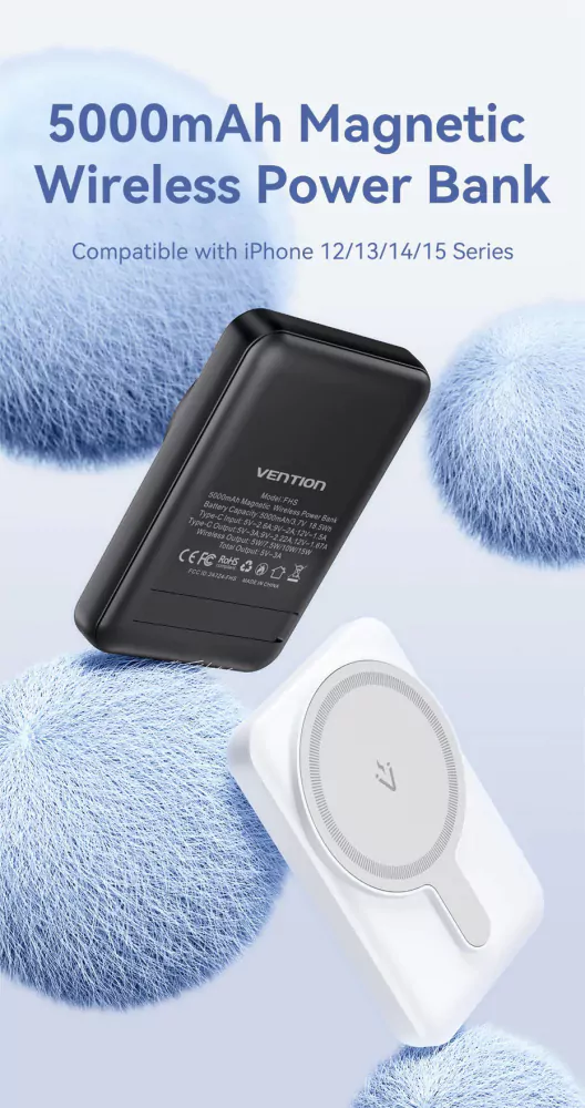 Bateria Powerbank Magnética Vention 5000mAh 20W USB-C + Wireless Preta - Image 10