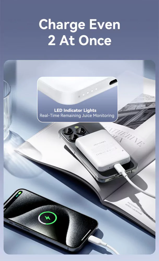 Bateria Powerbank Magnética Vention 5000mAh 20W USB-C + Wireless Preta - Image 6