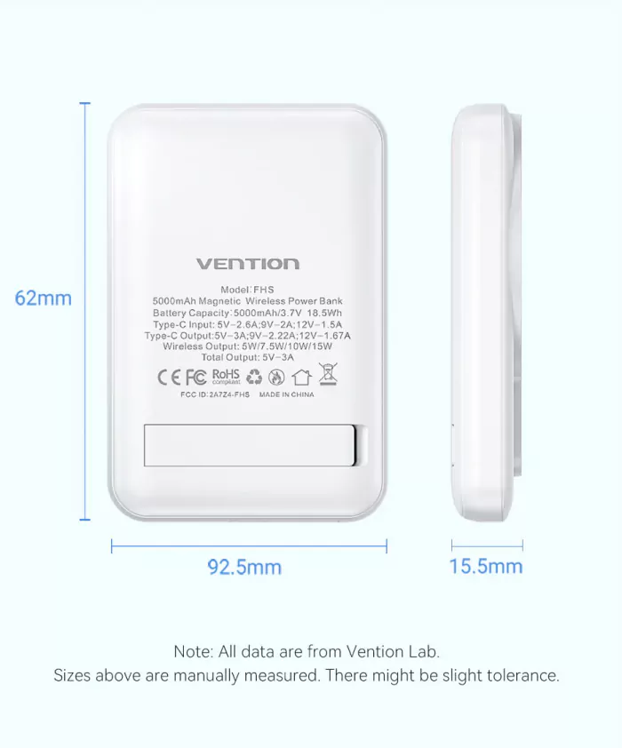 Bateria Powerbank Magnética Vention 5000mAh 20W USB-C + Wireless Preta - Image 3