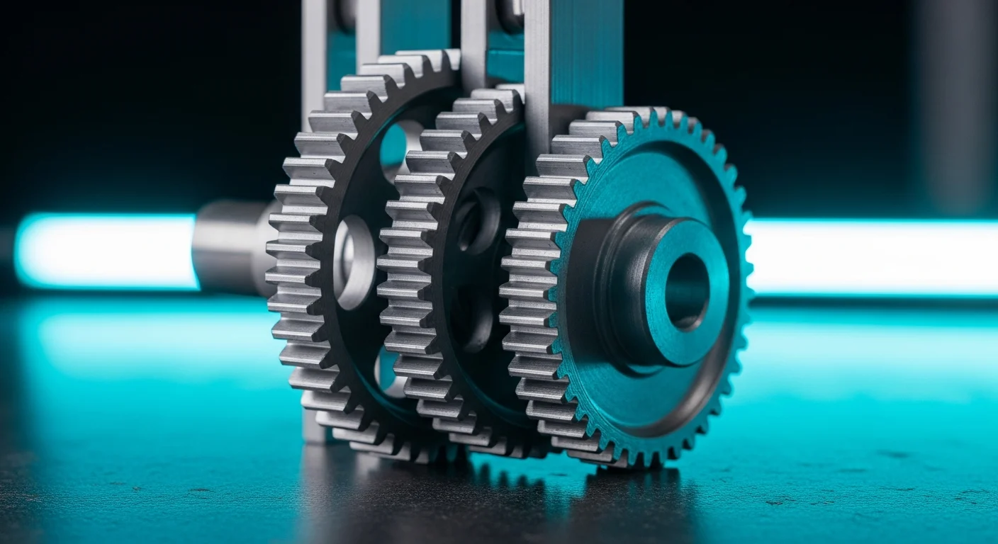 AI_IMAGE: Close-up of precision 3D printed interlocking gear set in silver PETG material showing fine tooth detail and smooth meshing, assembled on a dark workbench with cyan neon side lighting, industrial engineering prototype aesthetic, macro product photography | digital-art | landscape