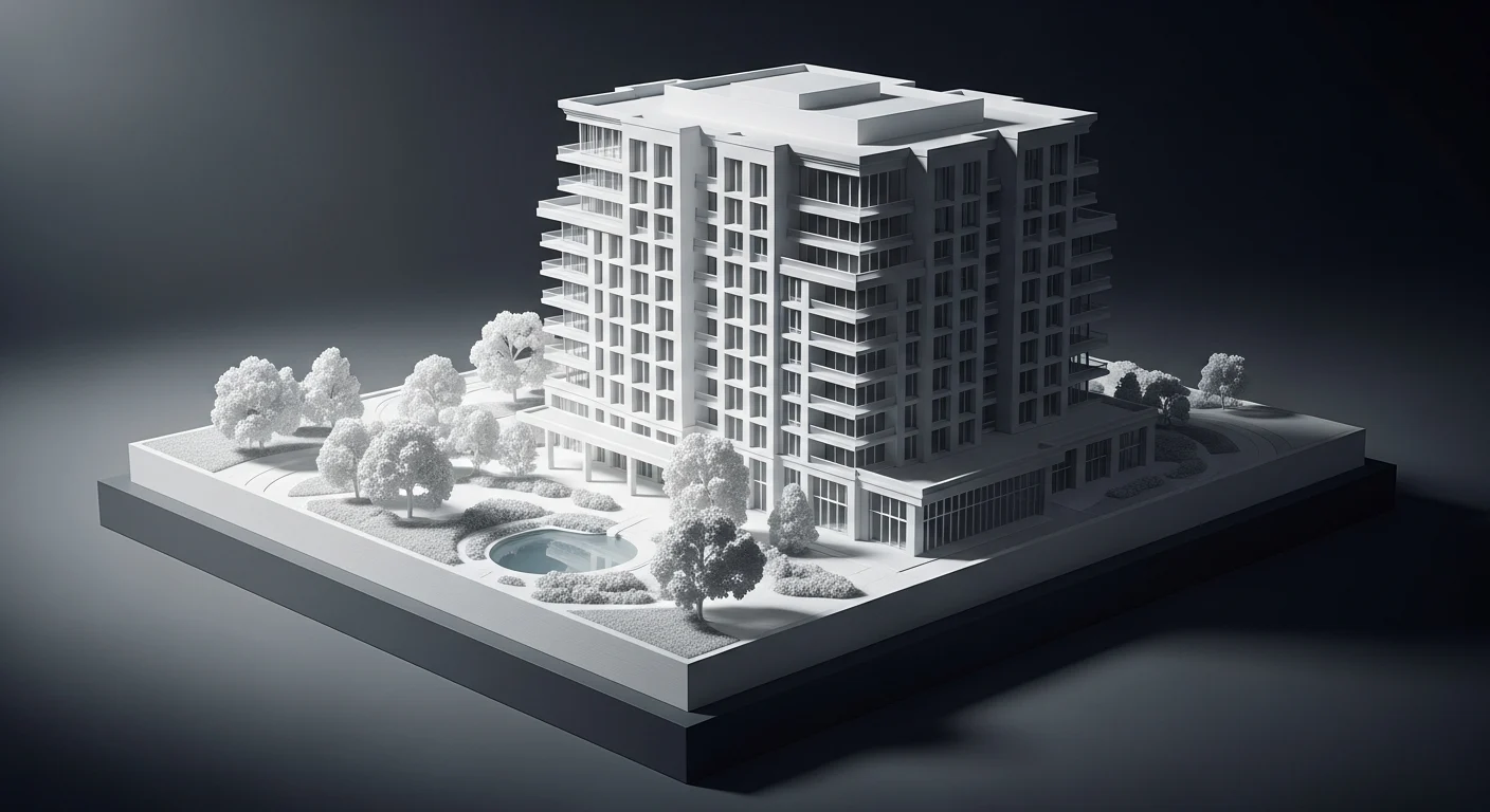 AI_IMAGE: Detailed 3D printed architectural scale model of a modern building in white PLA showing multiple floors, windows and landscaping elements on a presentation base, soft directional lighting creating shadows that reveal the structural details, professional architectural model photography with dark background | digital-art | landscape
