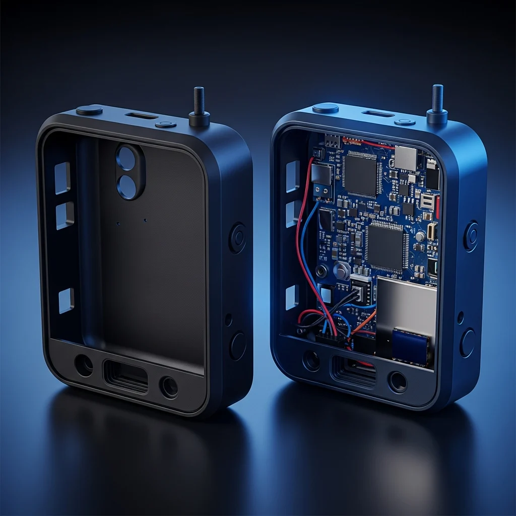 AI_IMAGE: 3D printed functional prototype of an electronic device housing in matte black ABS with precise cutouts for buttons and ports, shown next to the assembled version with electronics inside, technical engineering photography with blue accent lighting on dark surface | digital-art | square