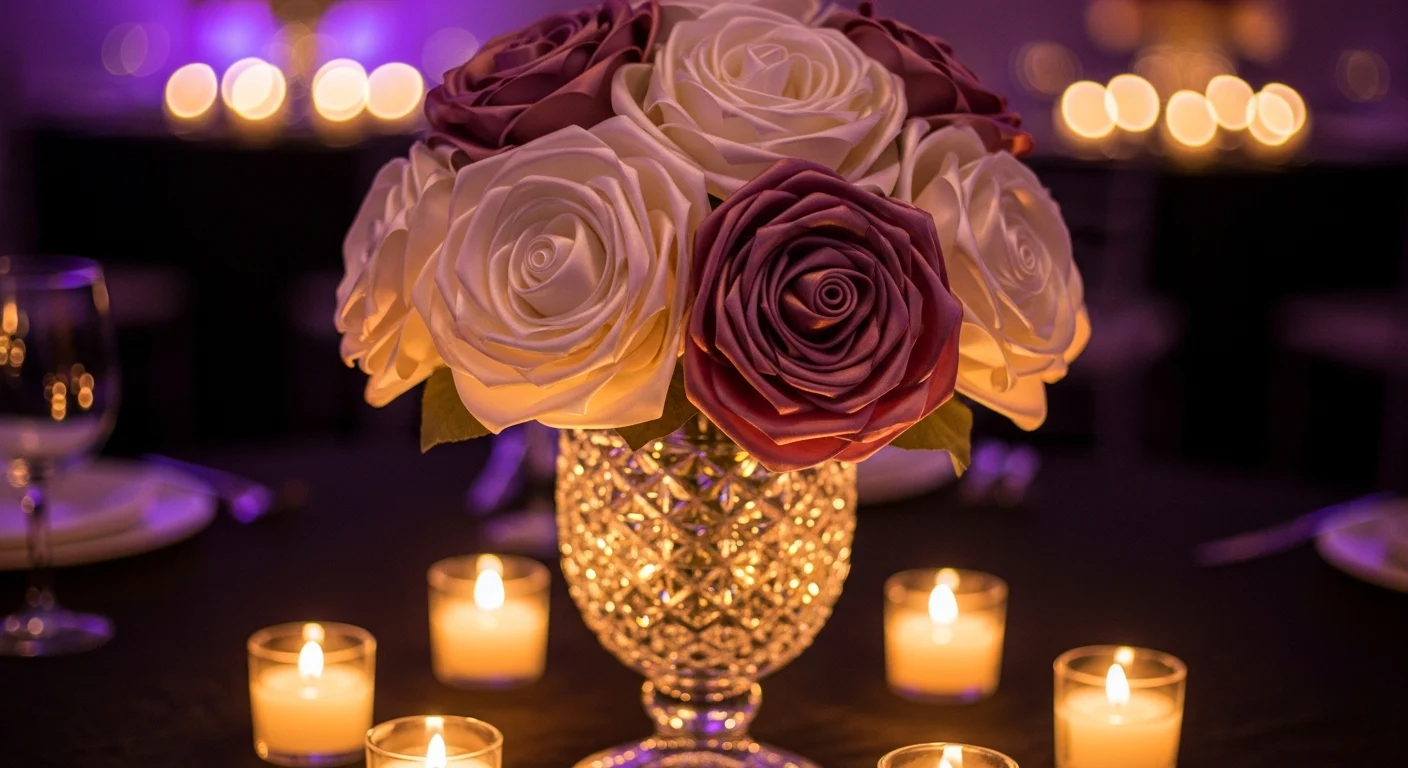 AI_IMAGE: Beautiful satin flower centerpiece arrangement in a crystal vase with cream and dusty rose flowers surrounded by tea light candles on a dark tablecloth, warm ambient lighting creating intimate atmosphere, elegant event decoration photography with purple bokeh | photorealistic | landscape