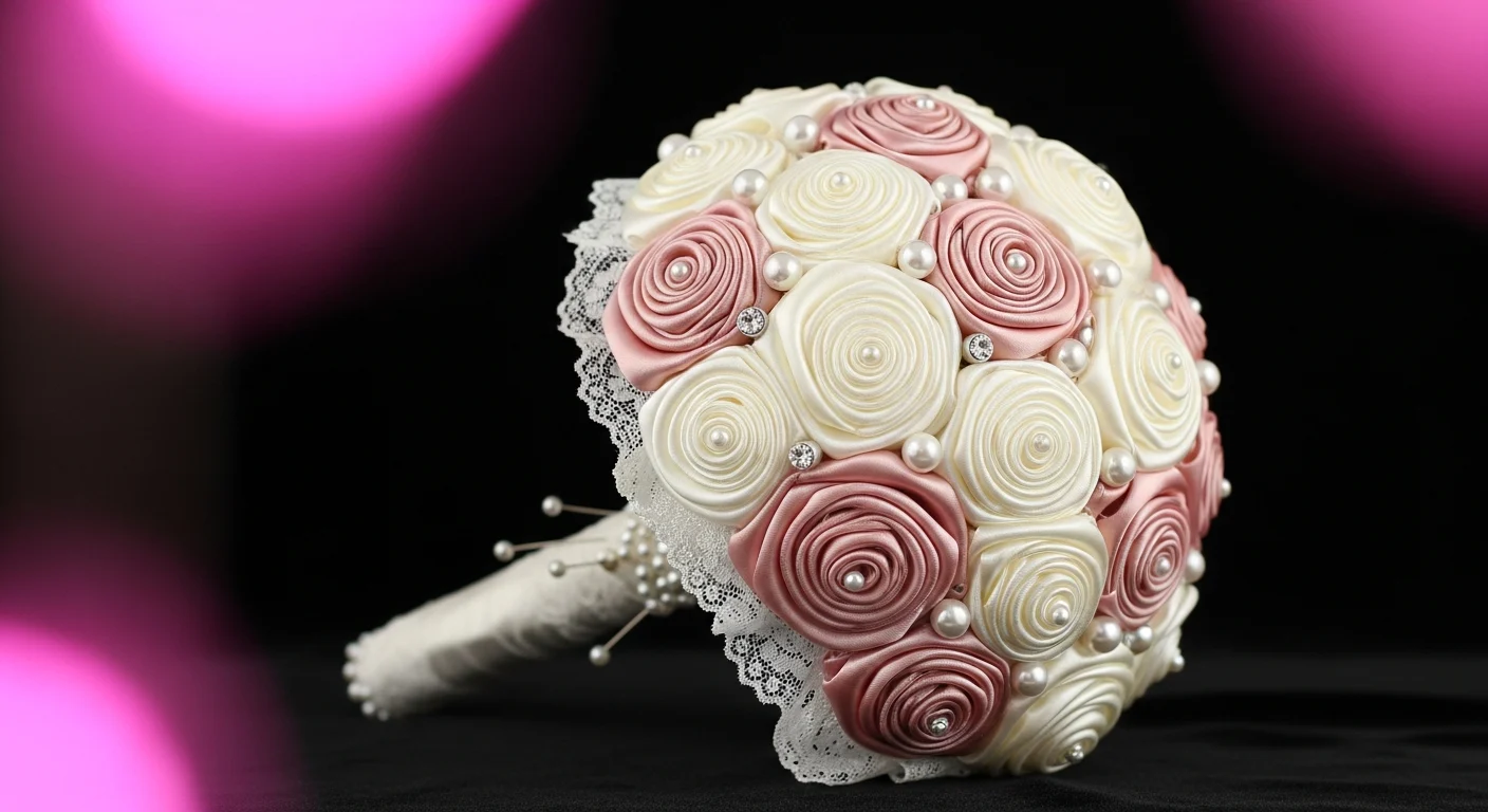 AI_IMAGE: Stunning bridal bouquet made of handmade satin roses in ivory and blush tones with pearl pin accents and lace ribbon wrap, photographed against a dark velvet background with soft romantic magenta bokeh lighting, luxury wedding photography showing exquisite petal detail | photorealistic | landscape