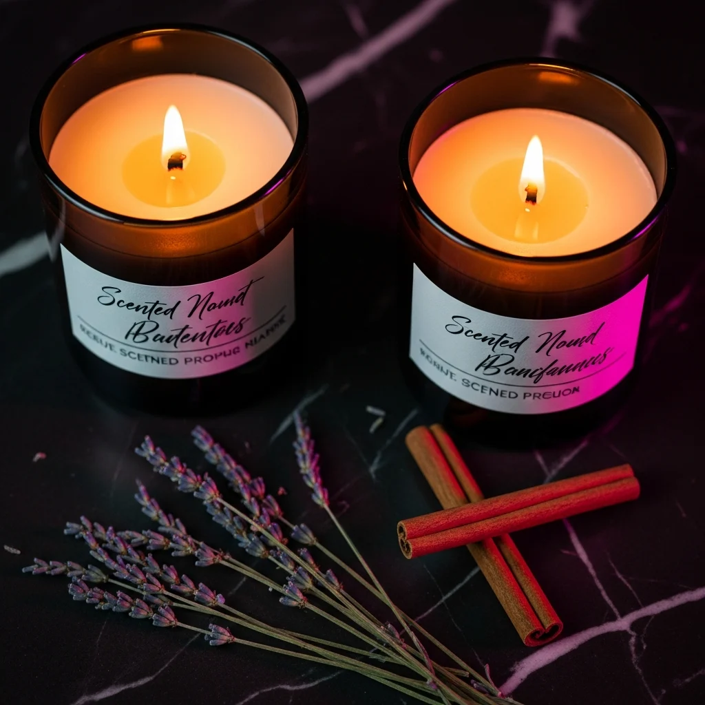 AI_IMAGE: Artisan scented candles in dark glass containers with handwritten labels, one lit candle showing warm flame, dried lavender and cinnamon sticks nearby on dark marble surface, moody amber and magenta accent lighting, luxury home fragrance product photography | photorealistic | square