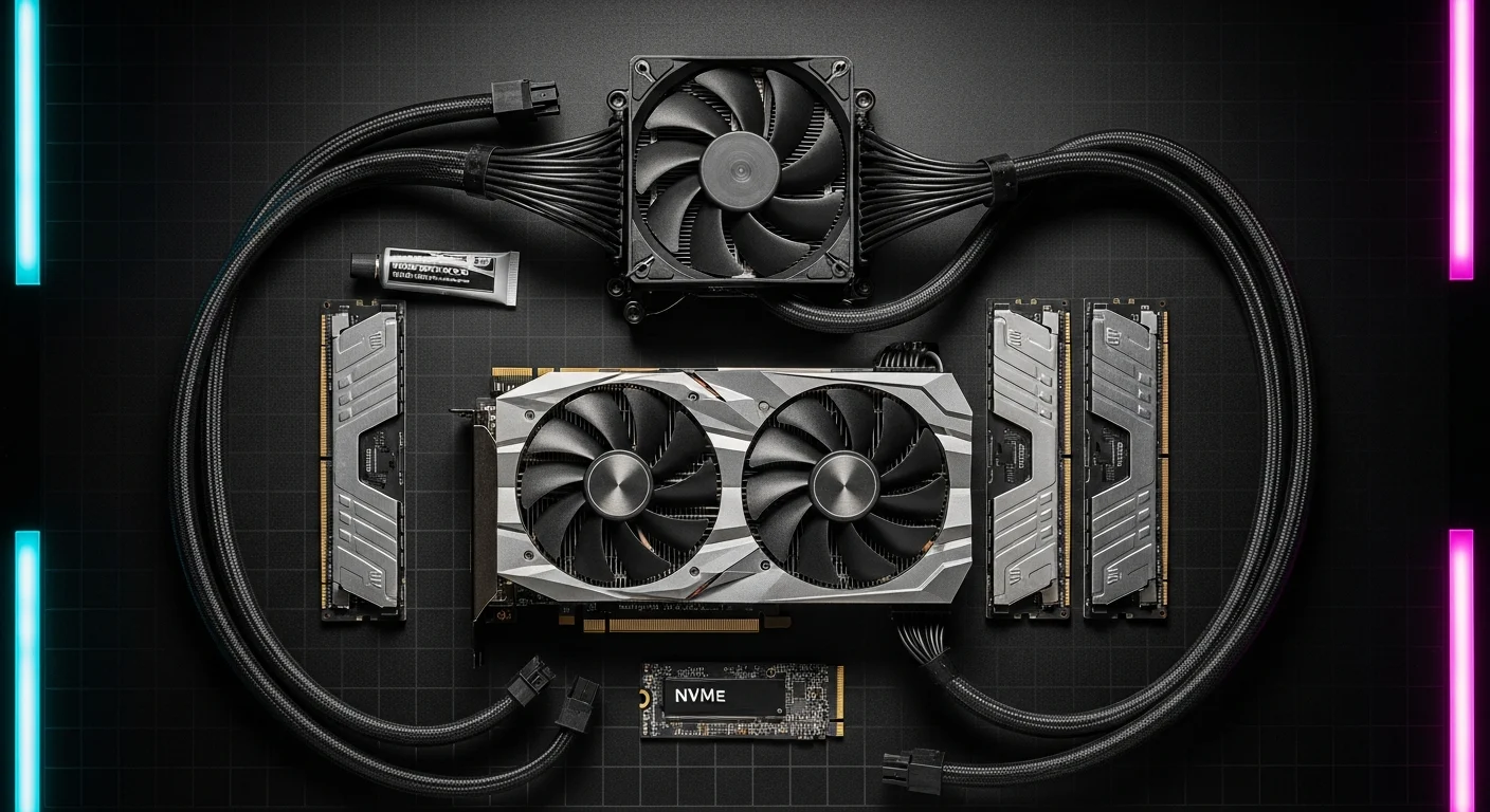 AI_IMAGE: Professional flat-lay arrangement of gaming PC components on a dark anti-static surface showing a graphics card, RAM sticks, NVMe SSD, CPU cooler, power supply cables and thermal paste, all arranged symmetrically with dramatic overhead lighting creating sharp shadows, cyan and magenta LED accent strips visible at the edges, high-end PC building components photography | photorealistic | landscape