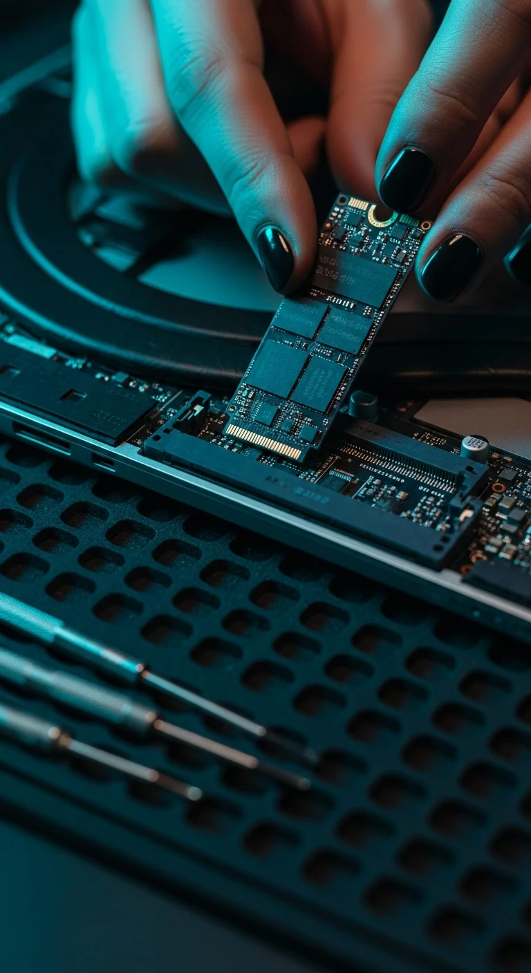 AI_IMAGE: Close-up of hands installing an NVMe SSD into a laptop motherboard M.2 slot, the SSD chip visible with its NAND flash components, laptop opened on a professional repair workstation with anti-static mat, precision screwdriver set nearby, dramatic cyan neon side-lighting creating depth and shadow, tech repair macro photography | photorealistic | portrait