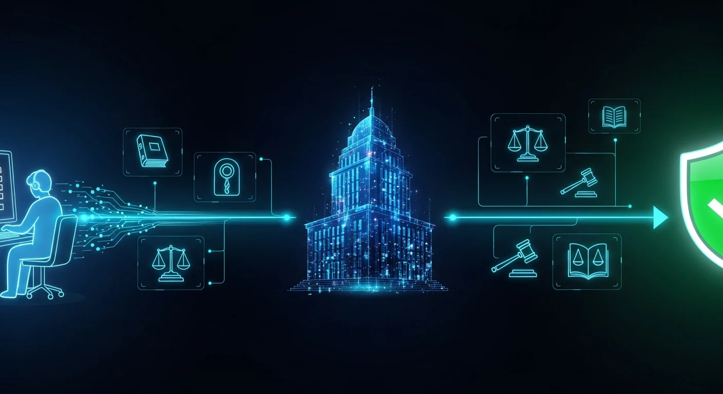 AI_IMAGE: Panoramic infographic-style illustration showing the complaints process flow: a customer at a computer submitting a form, an arrow leading to an official government building icon, then to a shield with checkmark representing resolution, all connected by glowing cyan neon lines on a deep dark background, futuristic HUD-style data visualization with Portuguese legal symbols | digital-art | landscape