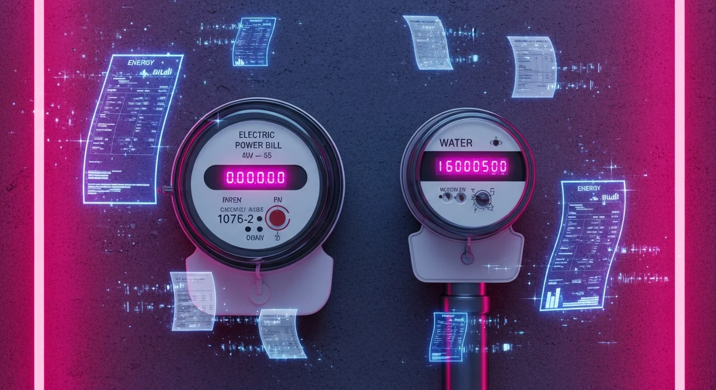 AI_IMAGE: Electric power meter and water meter with glowing magenta digital readouts on a dark wall, energy bills and utility invoices floating around as holographic elements, pink and magenta neon accent lighting, utility payment concept with futuristic aesthetic | digital-art | landscape