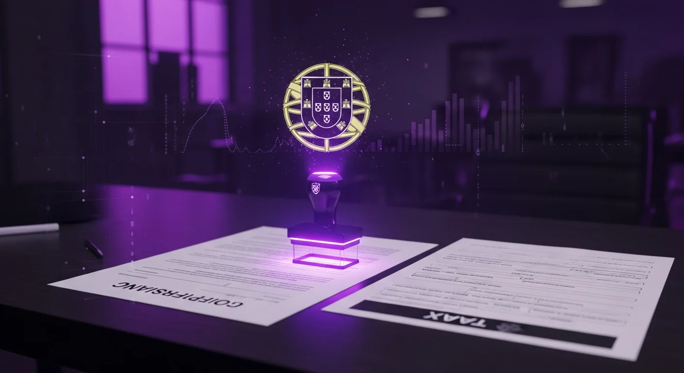 AI_IMAGE: Official government document and tax form with a digital stamp glowing in purple neon, Portuguese coat of arms hologram floating above, dark elegant office environment with subtle purple ambient lighting, government services digital concept | digital-art | landscape