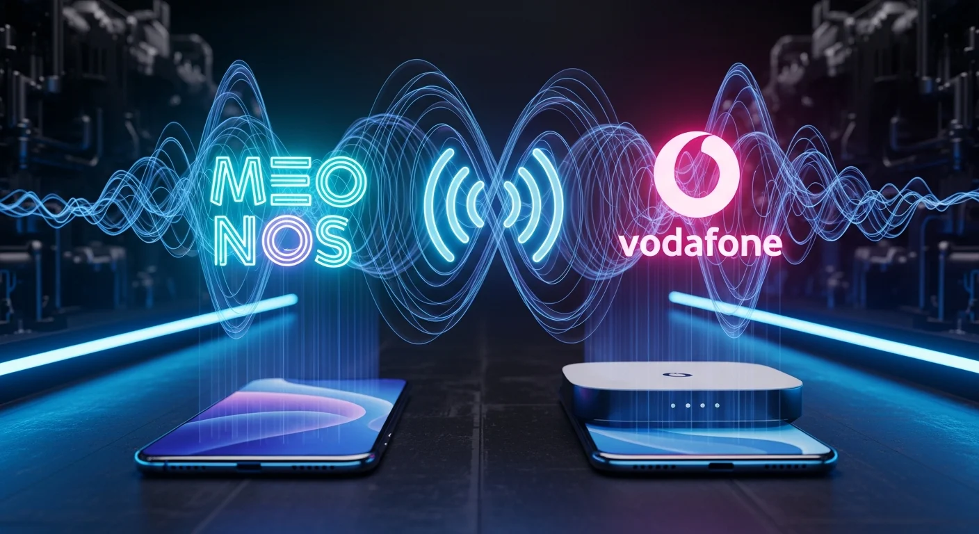AI_IMAGE: Modern smartphone and router with holographic signal waves emanating, showing MEO NOS and Vodafone logos as glowing cyan neon icons floating above, dark tech environment with blue LED accent lighting, telecom technology concept | digital-art | landscape