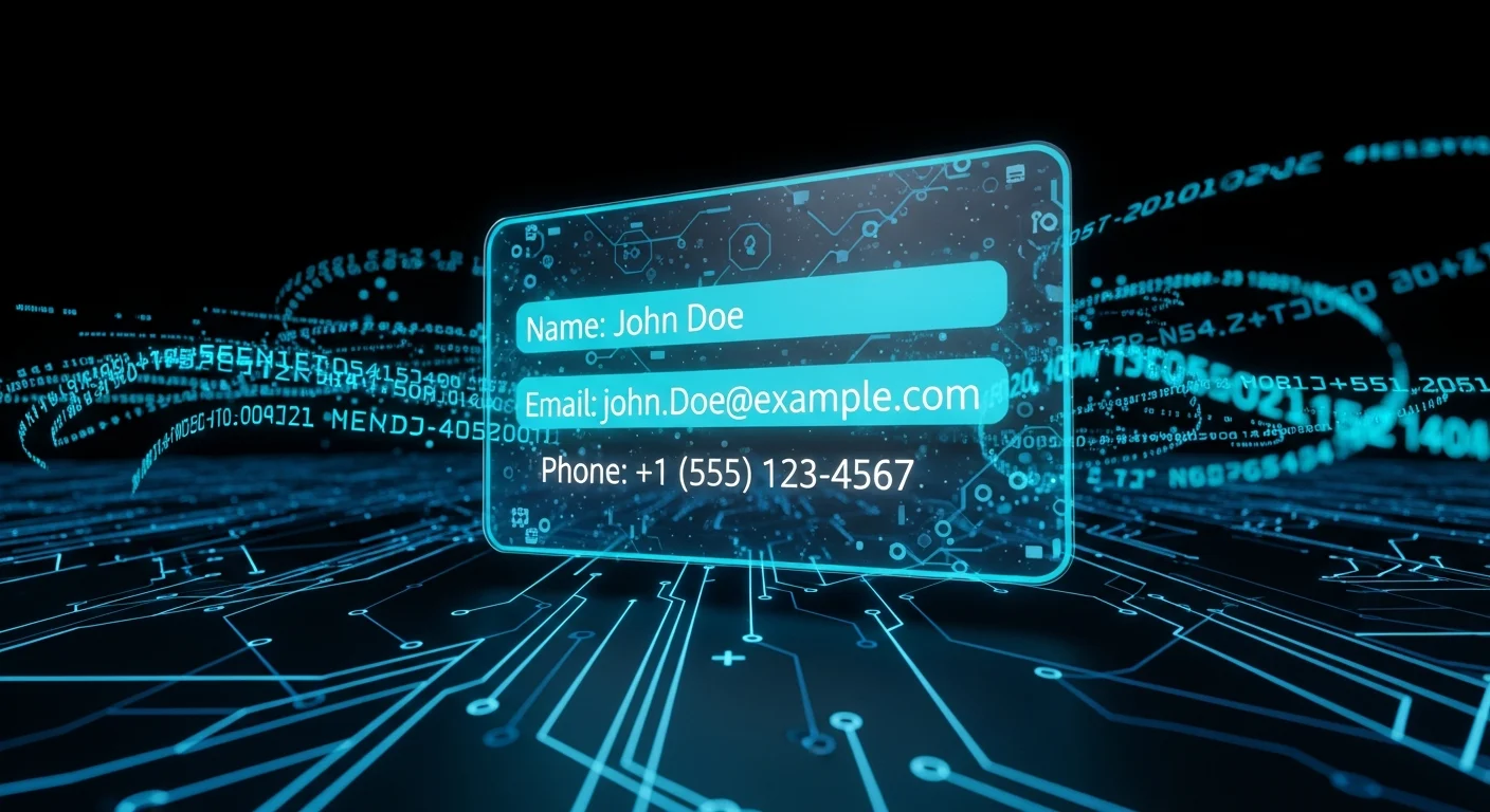 AI_IMAGE: Digital identity card floating in cyberspace with glowing cyan data fields showing name email and phone number, encrypted data streams flowing around it, dark background with neon blue circuit patterns, personal data identification concept | digital-art | landscape