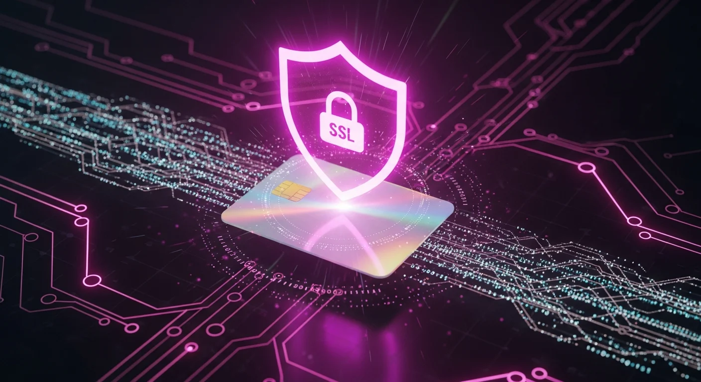 AI_IMAGE: Secure payment transaction visualization with a credit card hologram surrounded by an encrypted shield, SSL lock icon glowing in magenta, digital payment data flowing through secure channels, dark background with pink neon accents, fintech security concept | digital-art | landscape
