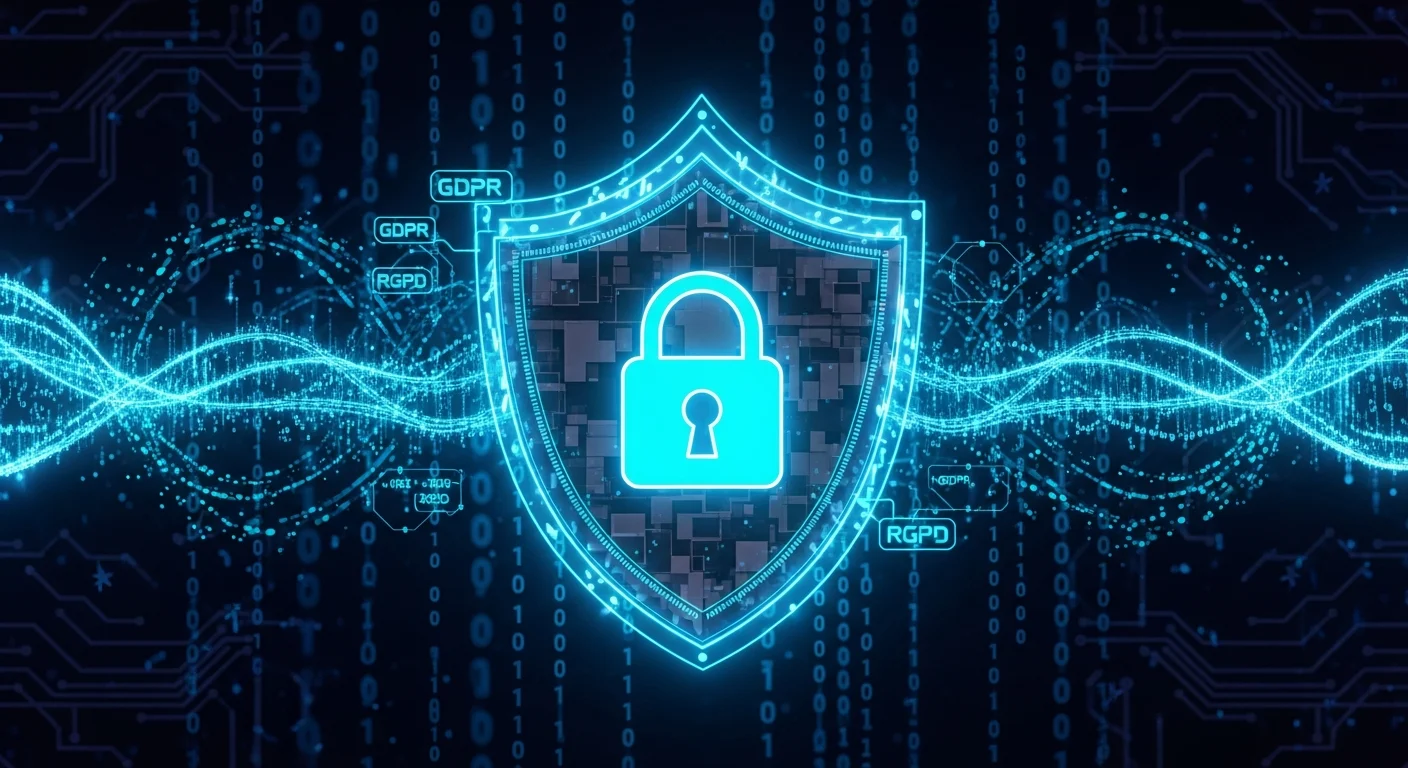 AI_IMAGE: A futuristic digital shield icon with a padlock in the center glowing with cyan neon light, surrounded by encrypted data streams and binary code particles, dark background with subtle circuit board pattern, cybersecurity and data protection concept with RGPD compliance visual | digital-art | landscape