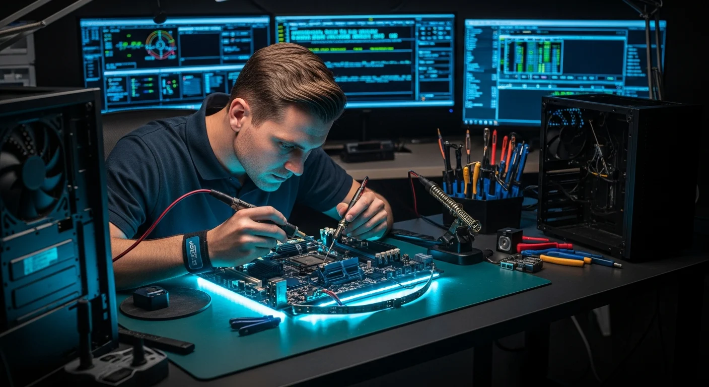 AI_IMAGE: Professional technician repairing a desktop computer motherboard at a dark workstation, using precision soldering equipment, the motherboard illuminated by cyan LED strip lighting from below, diagnostic screens showing hardware test results in the background, organized tools and anti-static components on the workbench | photorealistic | landscape