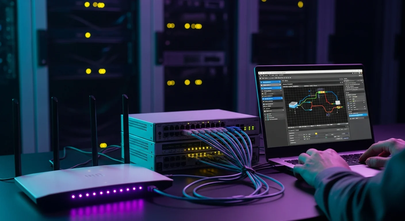 AI_IMAGE: Professional networking equipment setup showing a Wi-Fi router with glowing purple LED status lights being configured, ethernet cables connected to a managed switch, a laptop showing network configuration software, dark server room environment with purple and cyan neon accent lighting, IT infrastructure and networking concept | photorealistic | landscape