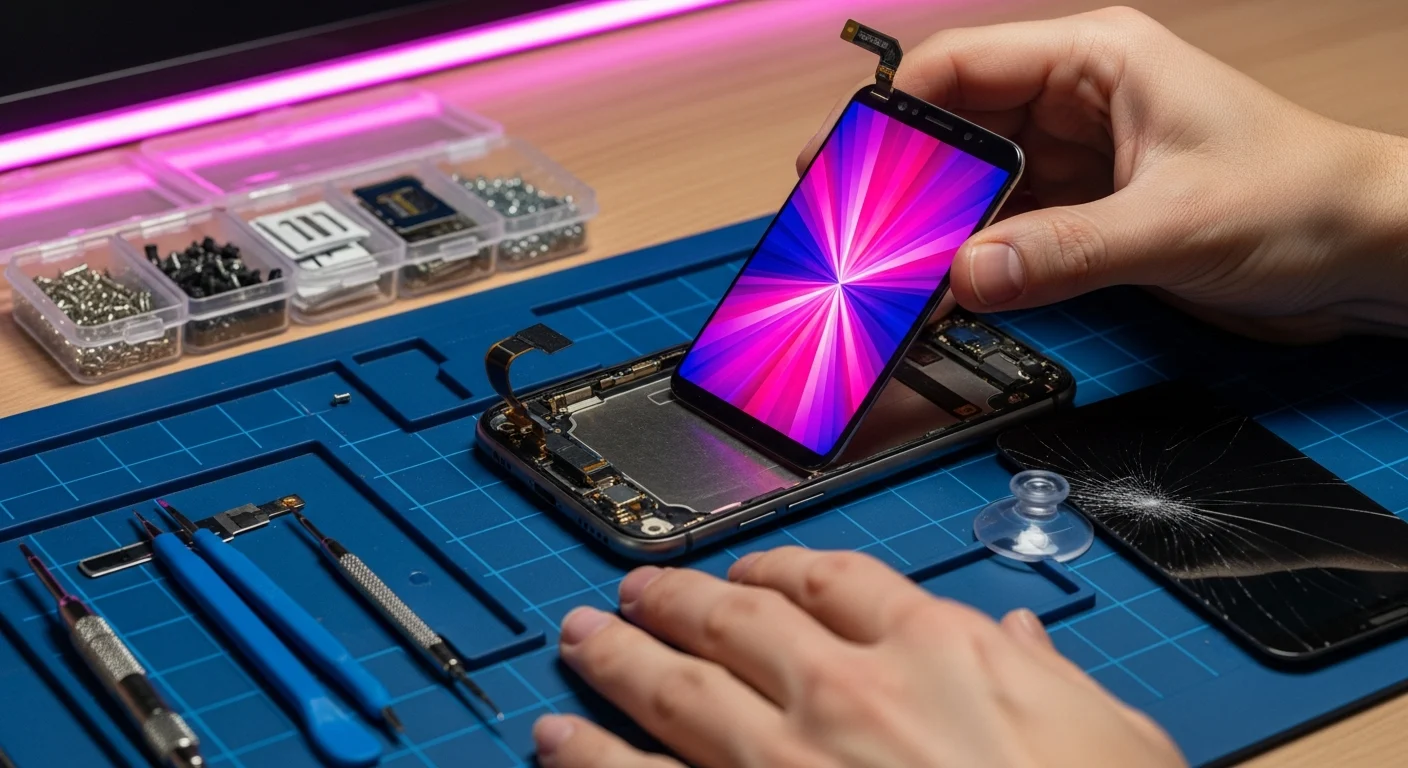 AI_IMAGE: Close-up of hands carefully replacing a cracked smartphone screen on a professional repair mat, the new OLED display glowing with test colors beside precision screwdrivers and suction cups, magenta and pink neon accent lighting from a desk LED strip, mobile phone repair workstation with organized small parts in containers | photorealistic | landscape