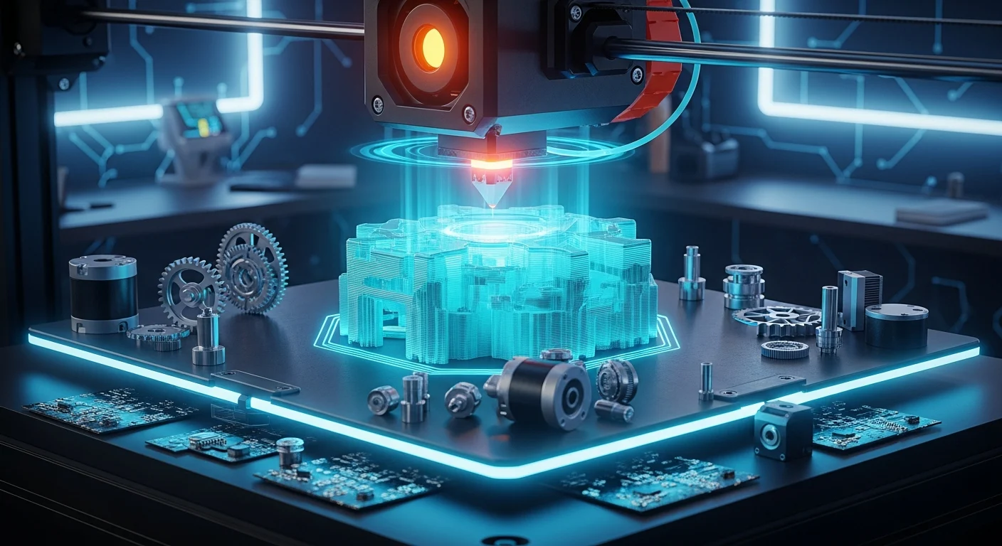 AI_IMAGE: Professional FDM 3D printer mid-print creating a complex mechanical part, glowing heated nozzle depositing cyan-tinted filament layer by layer, the partially printed object surrounded by soft neon blue light, precision engineering components visible on the print bed, dark moody workshop environment with circuit-like ambient lighting patterns | digital-art | landscape