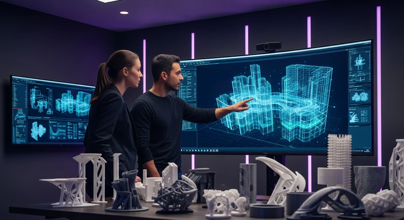 AI_IMAGE: Two engineers reviewing a 3D model on a large curved monitor, holographic-style wireframe projections visible on the screen, surrounded by reference 3D printed prototypes on the desk, professional meeting environment with dark walls and purple accent lighting, technical diagrams on a secondary screen, collaborative creative atmosphere | digital-art | landscape